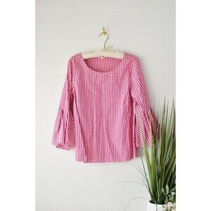 jane and delancey top Woman's L Pink Gingham Checkered Ruffle Sleeve Summer